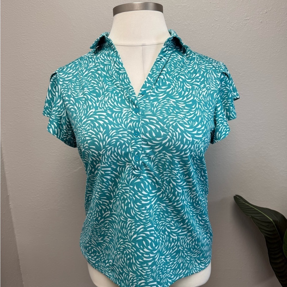 Chico's Blue & White Ruffled Polo Blouse - Size 12